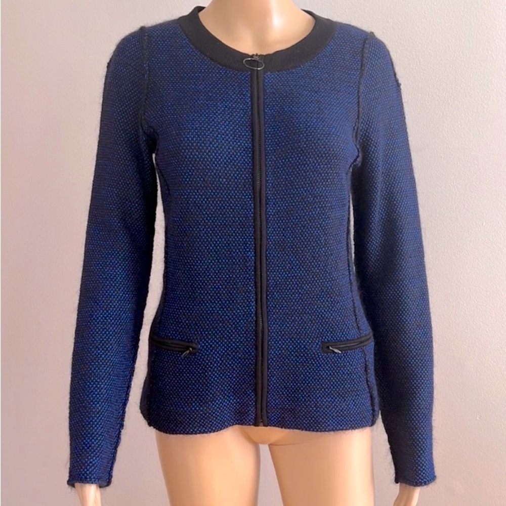 Akris Punto Zip Up Wool Cardigan Sweater Jacket Black Blue